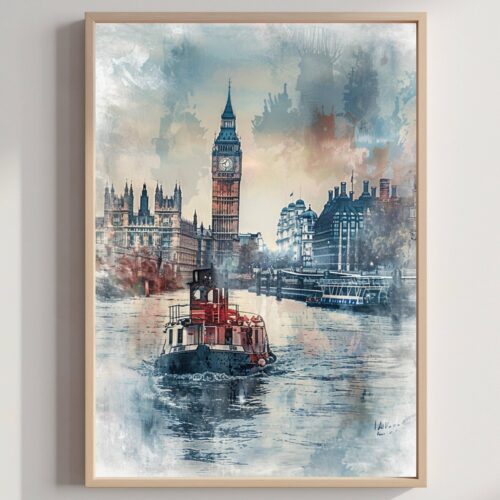 River Thames London England Watercolor: United Kingdom Travel Art Poster