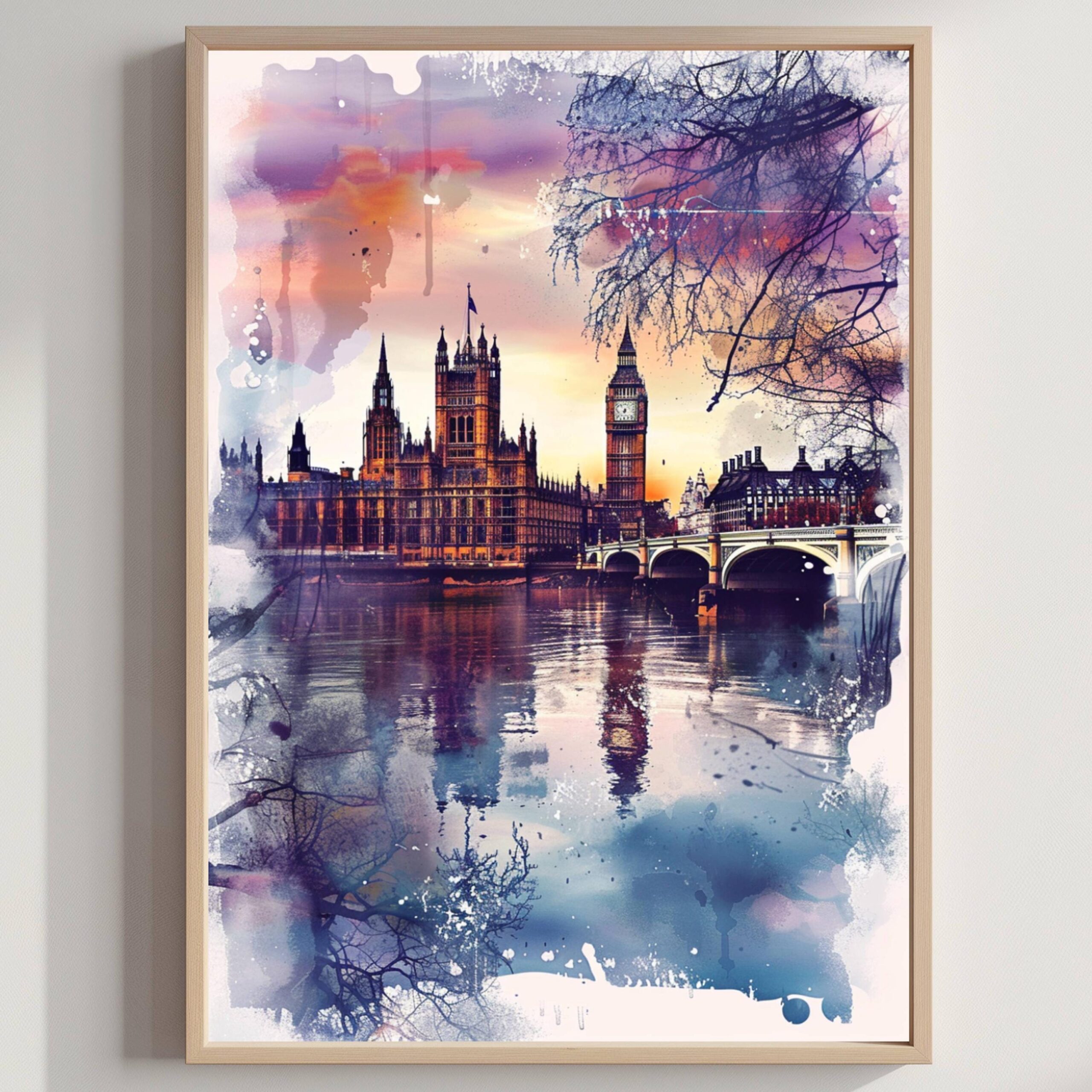 River Thames London England Watercolor: United Kingdom Travel Art Poster
