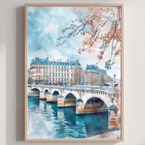 Pont Neuf Bridge Paris Watercolor: France Art Travel Poster