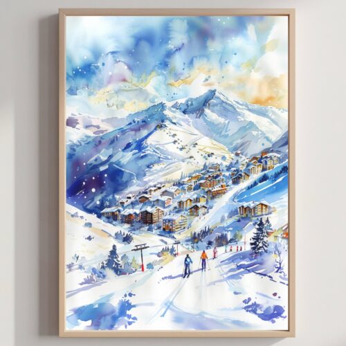 La Plagne Ski Resort France Europe Watercolor Print: Travel Art Poster
