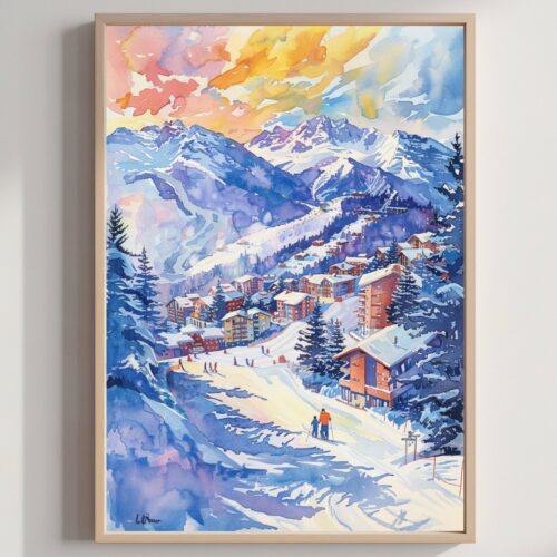 La Rosiere Ski Resort France Europe Watercolor Print: Travel Art Poster