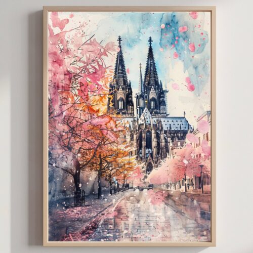Cologne Cathedral Germany Europe Watercolor: German Travel Art Poster