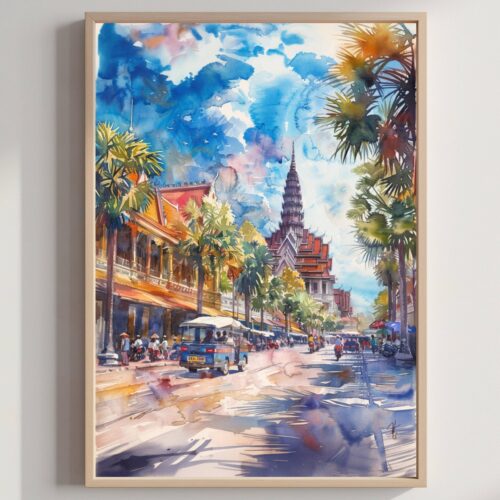 Phnom Penh Cambodia Asia Watercolor: Asian Art Travel Poster