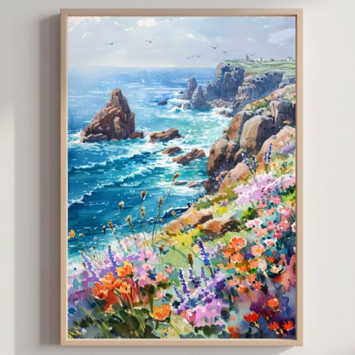 Land's End Cornwall England Watercolor: United Kingdom Travel Art Poster
