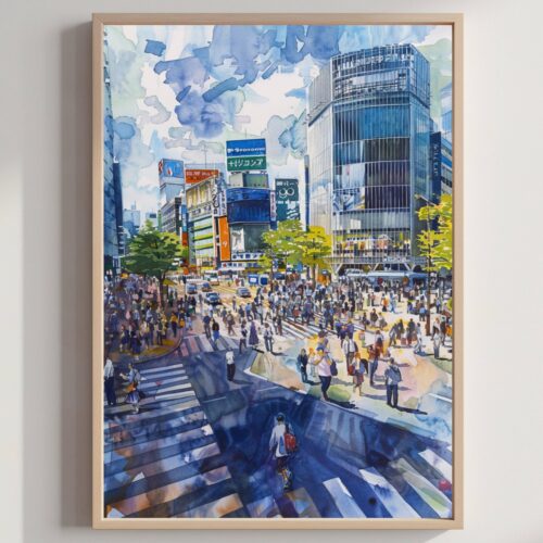 Shibuya Crossing Tokyo Japan Asia Watercolor: Japanese Art Travel Poster