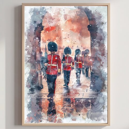 Changing of the Guard London England Watercolor Print: United Kingdom Travel Art Poster