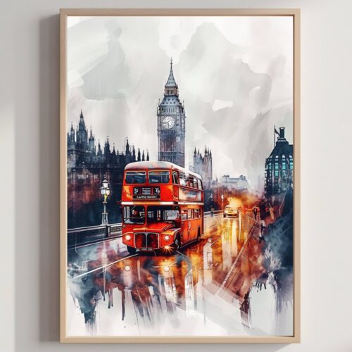 Double Decker London England WatercolorPrint: United Kingdom Travel Art Poster
