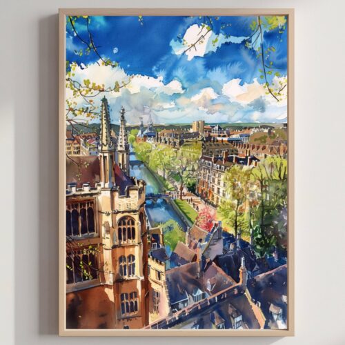 Cambridge England Watercolor: United Kingdom Travel Art Poster