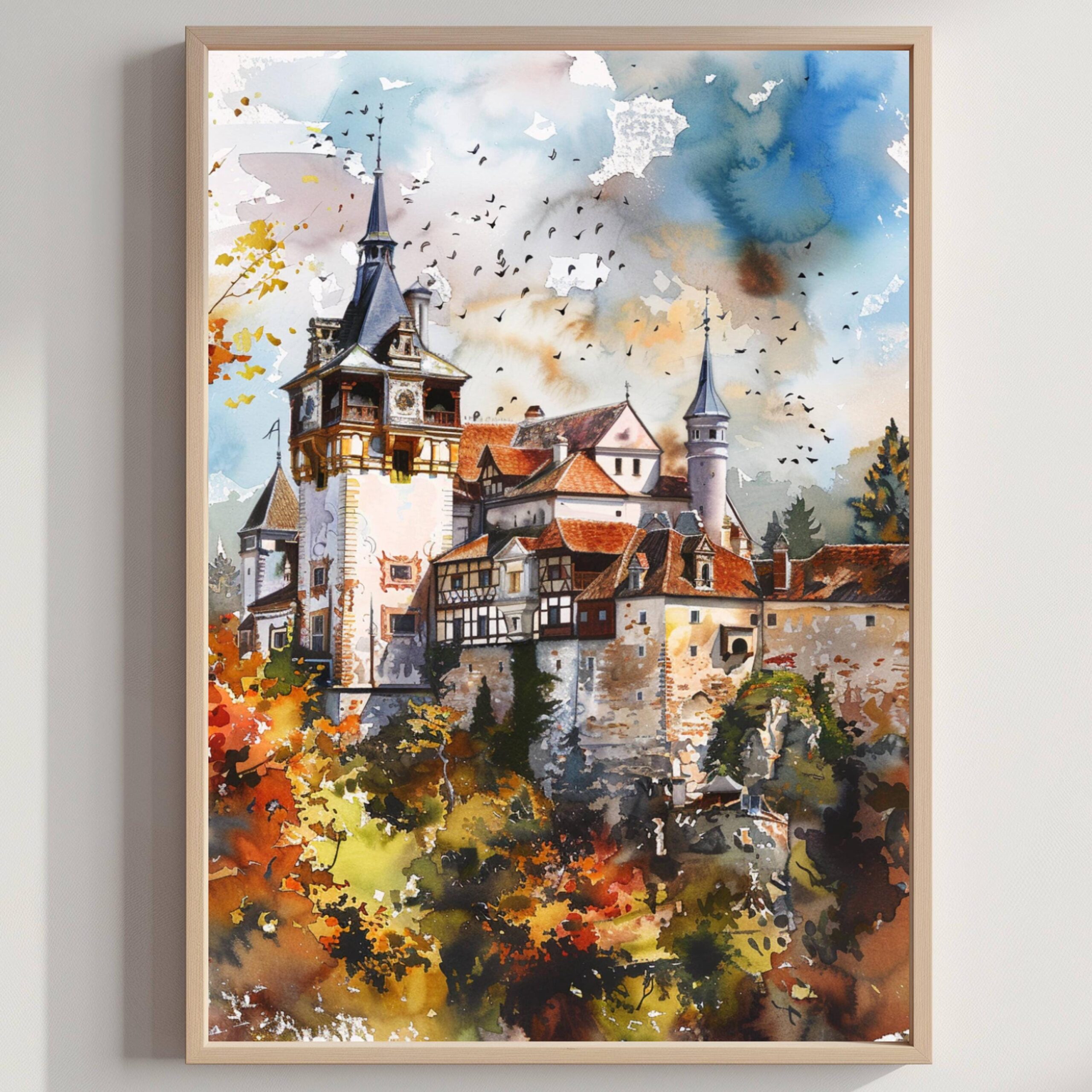 Bran (Dracula's) Castle Romania Watercolor Art Print: Europe Travel Art Poster