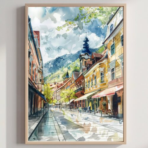 Brasov Romania Watercolor Art Print: Europe Travel Art Poster