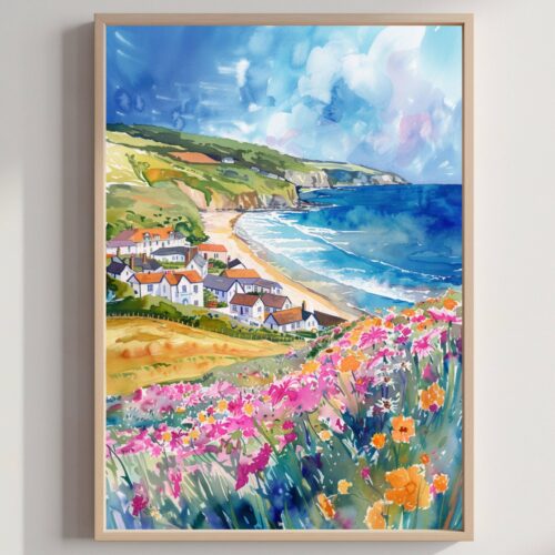 Woolacombe England Watercolor: United Kingdom Travel Art Poster