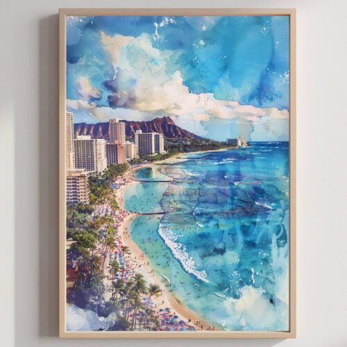 Waikiki Beach Hawaii USA Watercolor: American Travel Art Poster