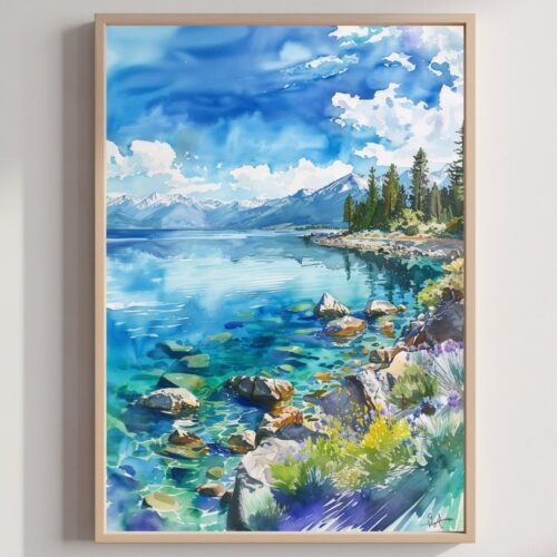 Lake Tahoe Sierra Nevada Mountains USA Watercolor Print: American Travel Art Poster