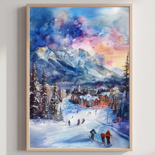 Banff Canada North America Watercolor: Canadian Travel Art Poster Print