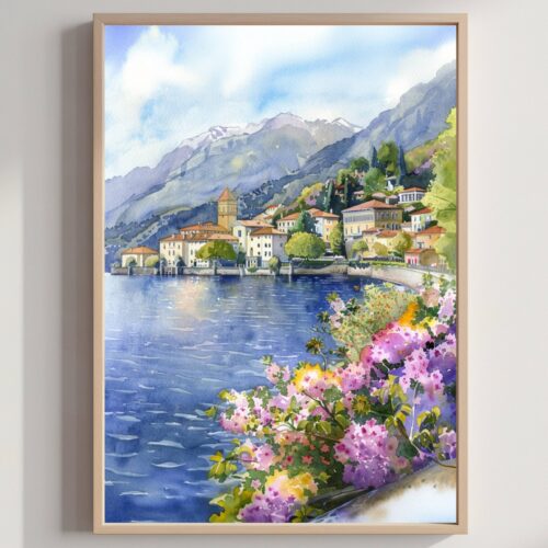 Lake Maggiore Italy Europe Watercolor Print: Travel Art Poster