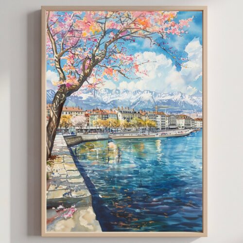 Geneva Switzerland Europe Watercolor Print: Vacation Travel Art Poster