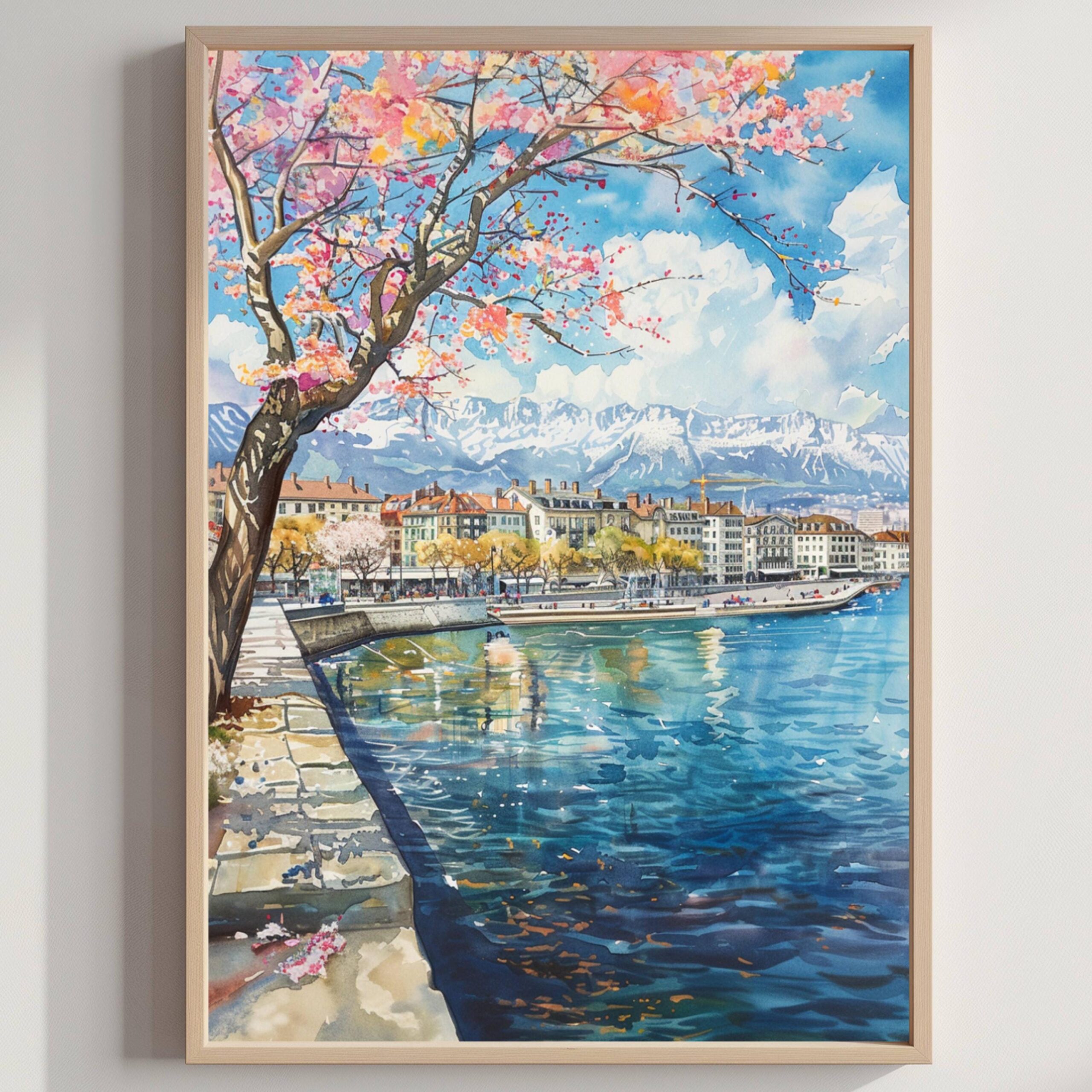 Geneva Switzerland Europe Watercolor Print: Vacation Travel Art Poster