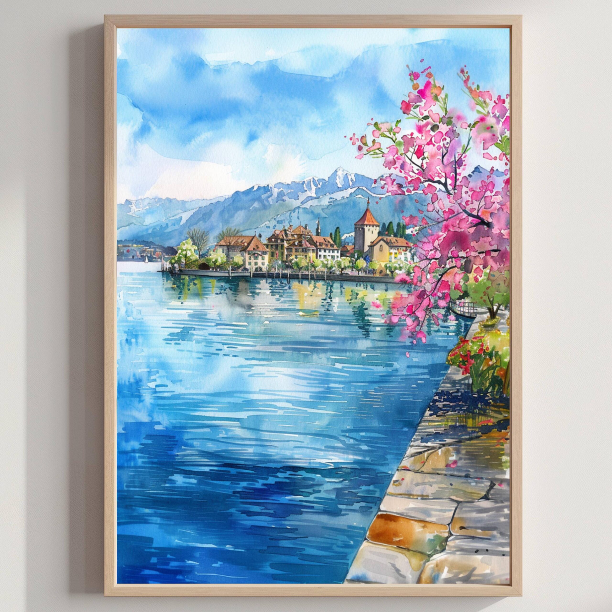 Lake Geneva Switzerland Europe Watercolor Print: Vacation Travel Art Poster