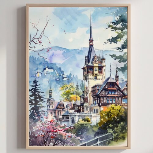 Peles Castle Sinaia Romania Watercolor Art Print: Europe Travel Art Poster
