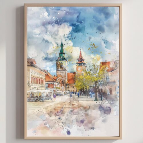 Piata Mare Sibiu Romania Watercolor Art Print: Europe Travel Art Poster