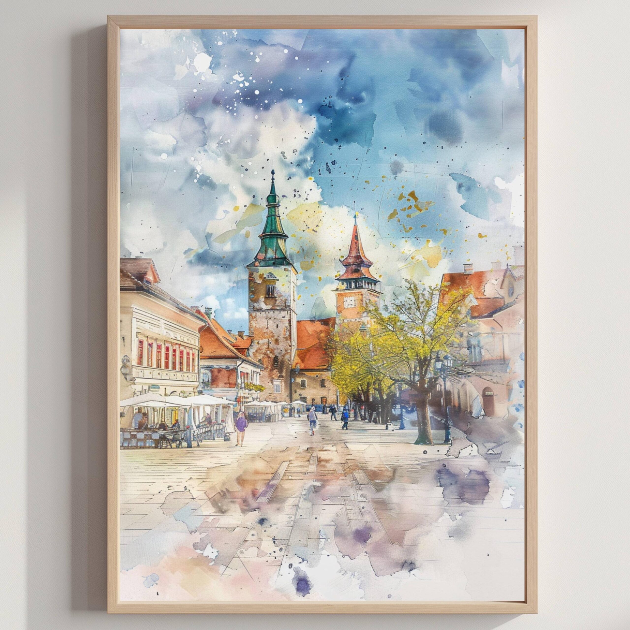 Piata Mare Sibiu Romania Watercolor Art Print: Europe Travel Art Poster