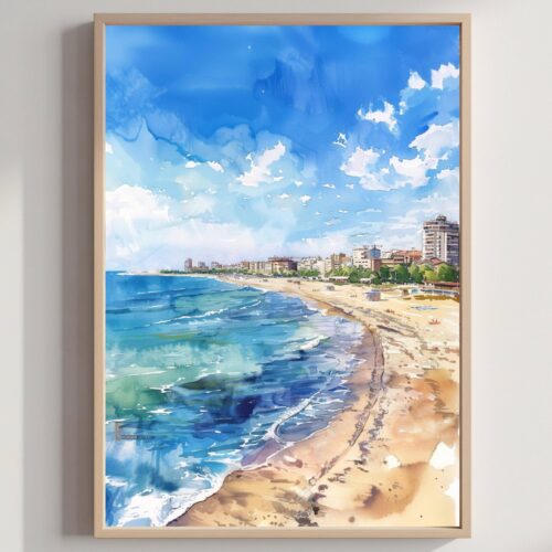 Mamaia Beach Romania Watercolor Art Print: Europe Travel Art Poster