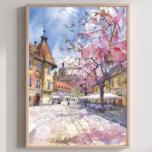 Sighisoara Romania Watercolor Art Print: Europe Travel Art Poster