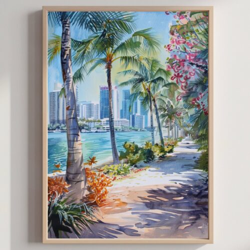Bayside Miami Florida USA Watercolor: American Travel Art Poster