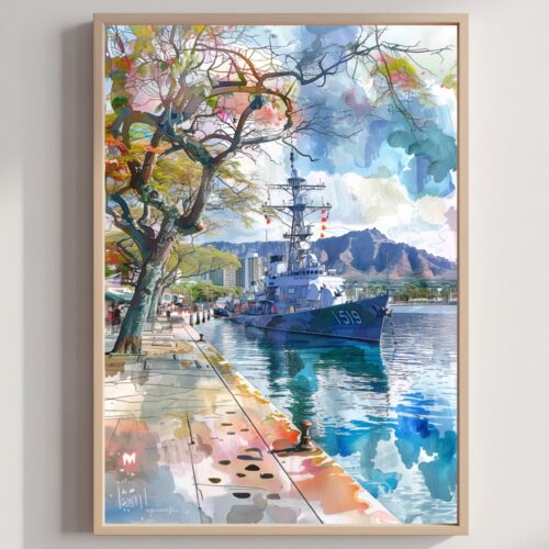 Pearl Harbor Hawaii USA Watercolor: American Travel Art Poster