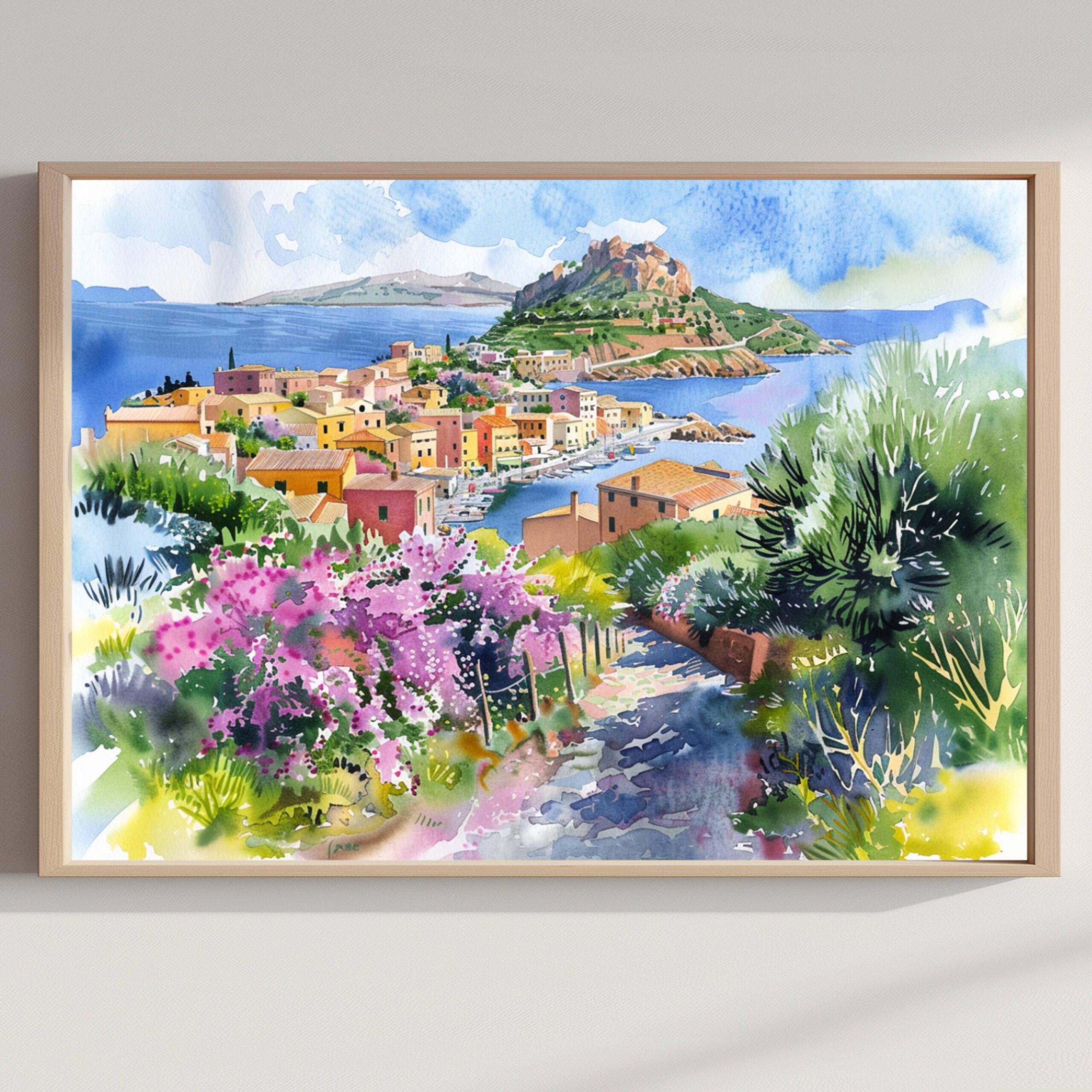 Sardinia Italy Watercolor Print: Europe Travel Art Poster
