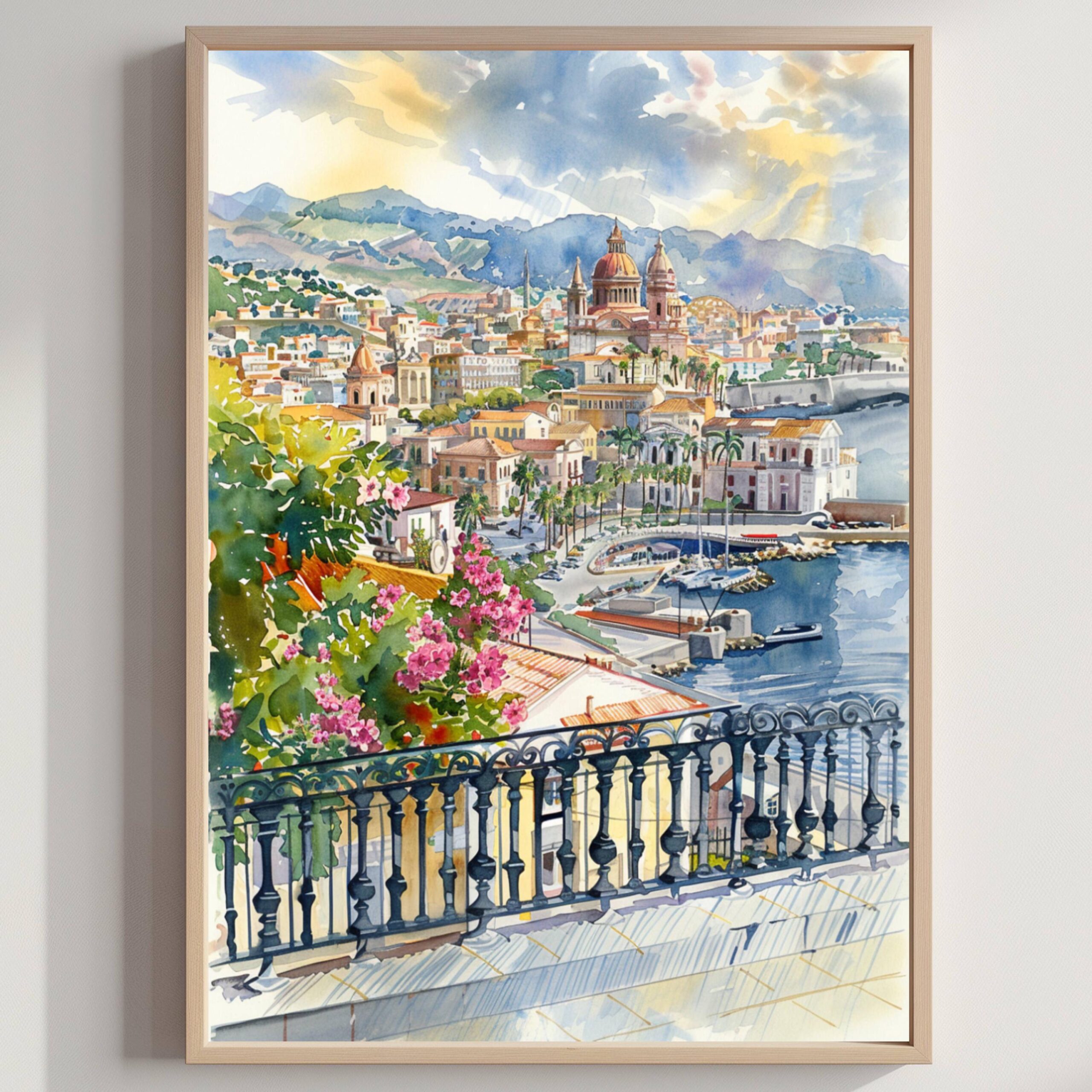 Messina Sicily Italy Europe Watercolor Print: Travel Art Poster