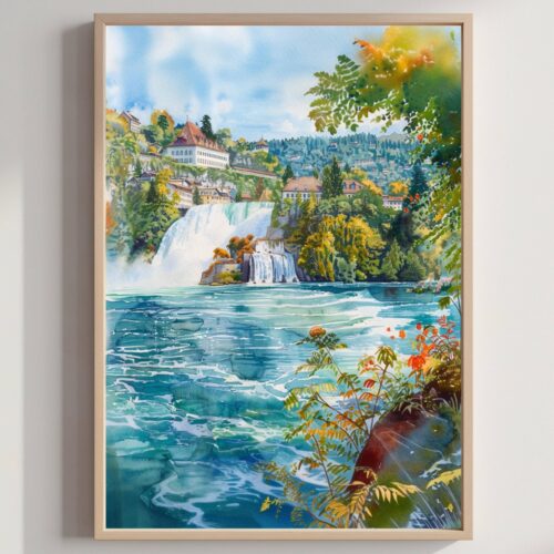 Rhine Falls Switzerland Europe Watercolor Print: Vacation Travel Art Poster