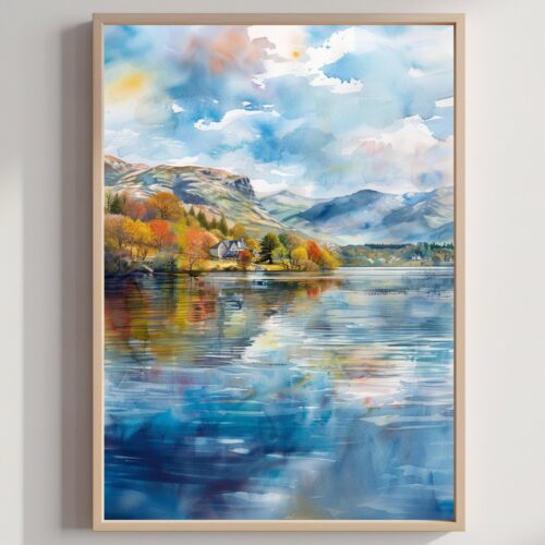 Coniston Water Lake District England UK Watercolor Print: Europe Travel Art Poster