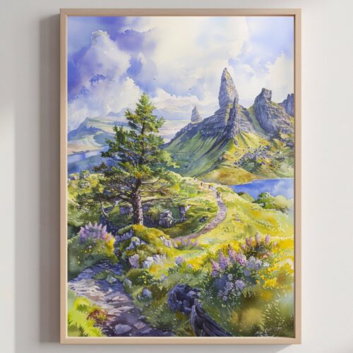 Old Man of Storr Scotland UK Watercolor Print: Europe Travel Art Poster