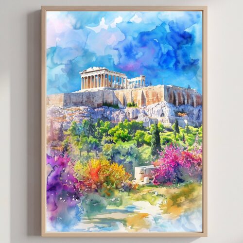 Acropolis Athens Greece Europe Watercolor Print: Greek Travel Art Poster