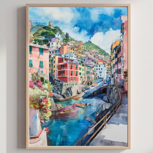 Riomaggiore Cinque Terre Italy Europe Watercolor Print: Travel Art Poster
