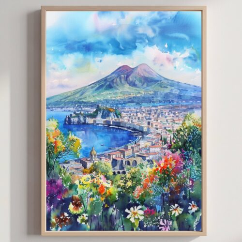 Mount Vesuvius Naples Italy Europe Watercolor Print: Travel Art Poster