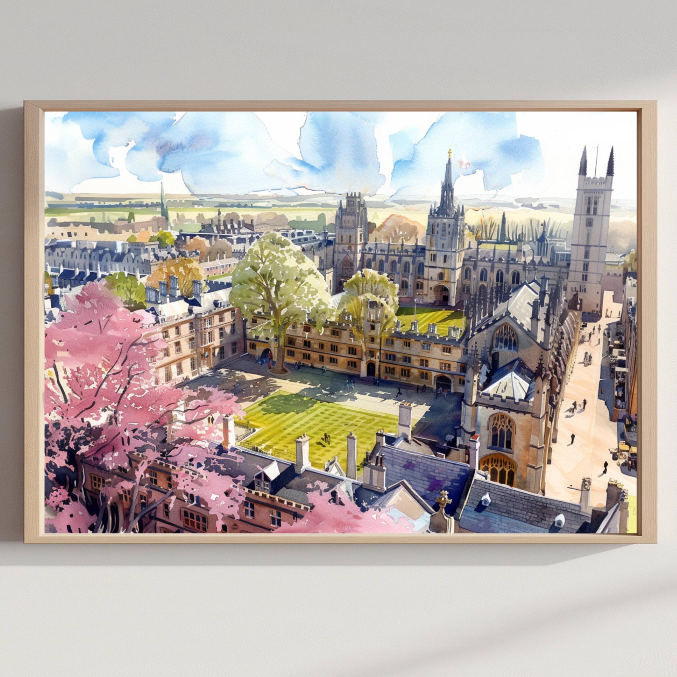 Cambridge University England Watercolor Print: UK Travel Art Poster