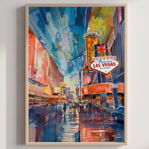 Fremont Street Las Vegas Nevada USA Watercolor Print: Travel Poster