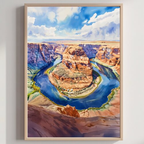 Horseshoe Bend Colorado River Arizona USA Watercolor Print: Travel Art Poster