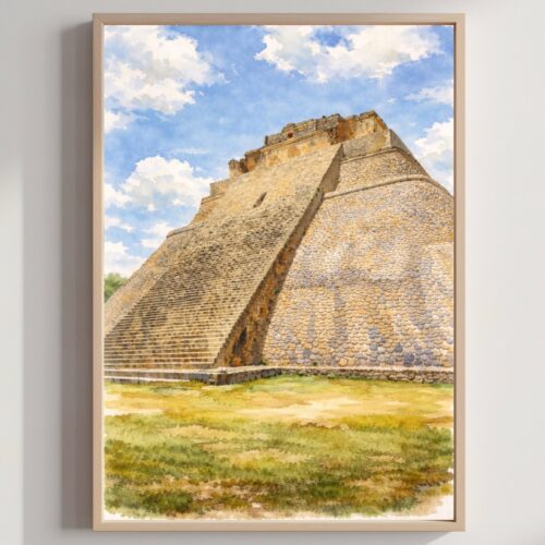 Pyramid of the Magician Uxmal Mexico Watercolor Print: North America Travel Art Poster