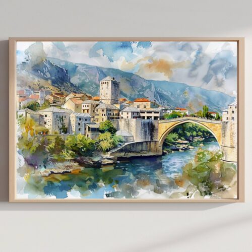 Mostar Bosnia and Herzegovina Watercolor Print: Europe Travel Art Poster