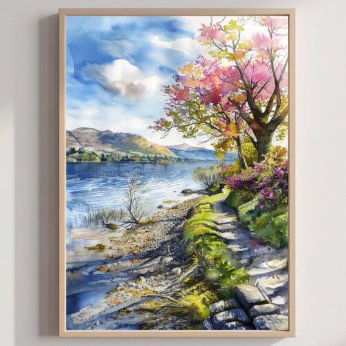 Derwentwater Lake District England UK Watercolor Print: Europe Travel Art Poster