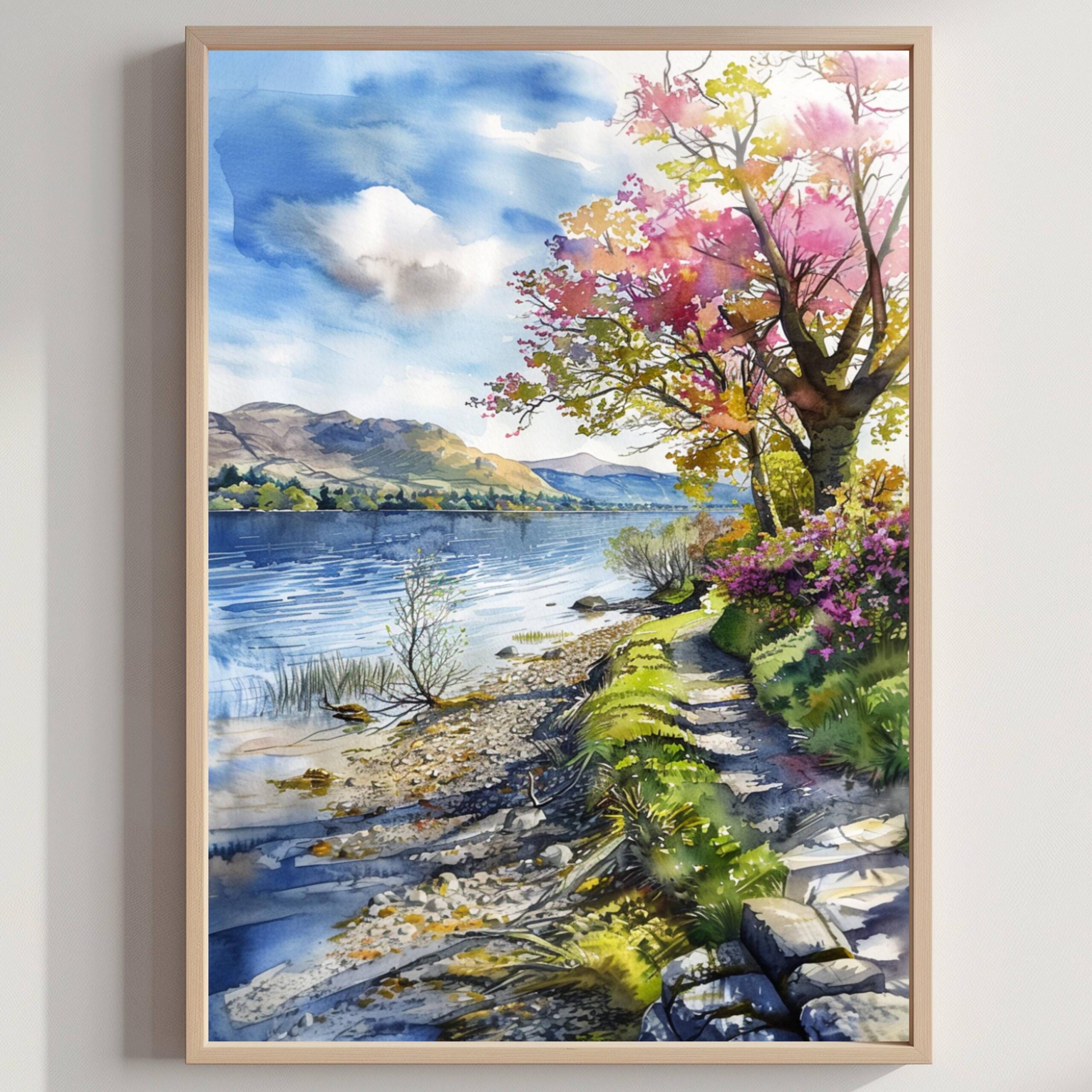 Derwentwater Lake District England UK Watercolor Print: Europe Travel Art Poster