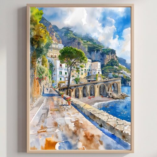 Atrani Amalfi Coast Italy Europe Watercolor Print: Travel Art Poster