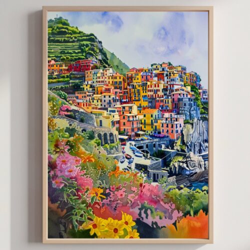 Corniglia Cinque Terre Italy Europe Watercolor Print: Travel Art Poster