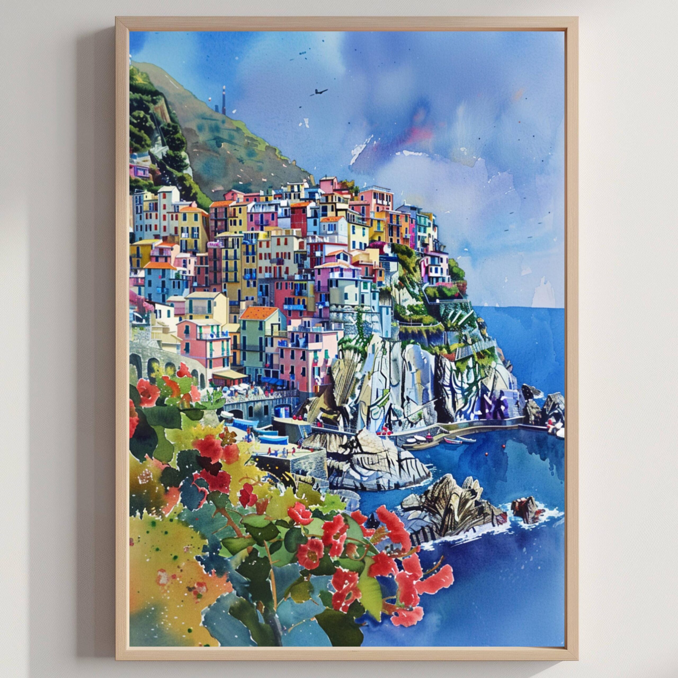 Manarola Cinque Terre Italy Europe Watercolor Print: Travel Art Poster