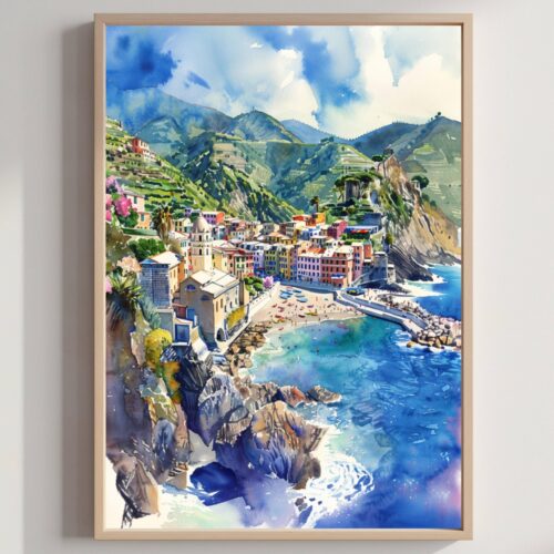 Monterosso al Mare Cinque Terre Italy Europe Watercolor Print: Travel Art Poster
