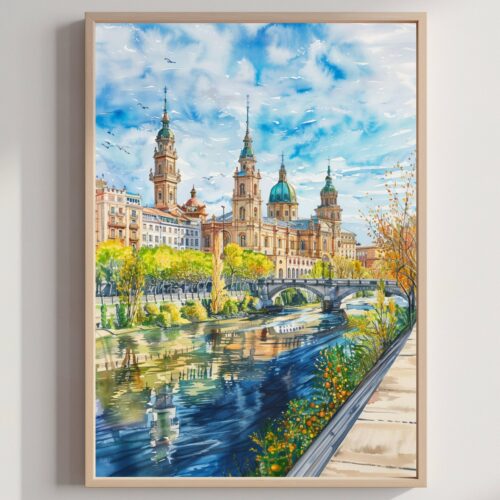 Zaragoza Spain Europe Watercolor Print: Spanish Travel Poster