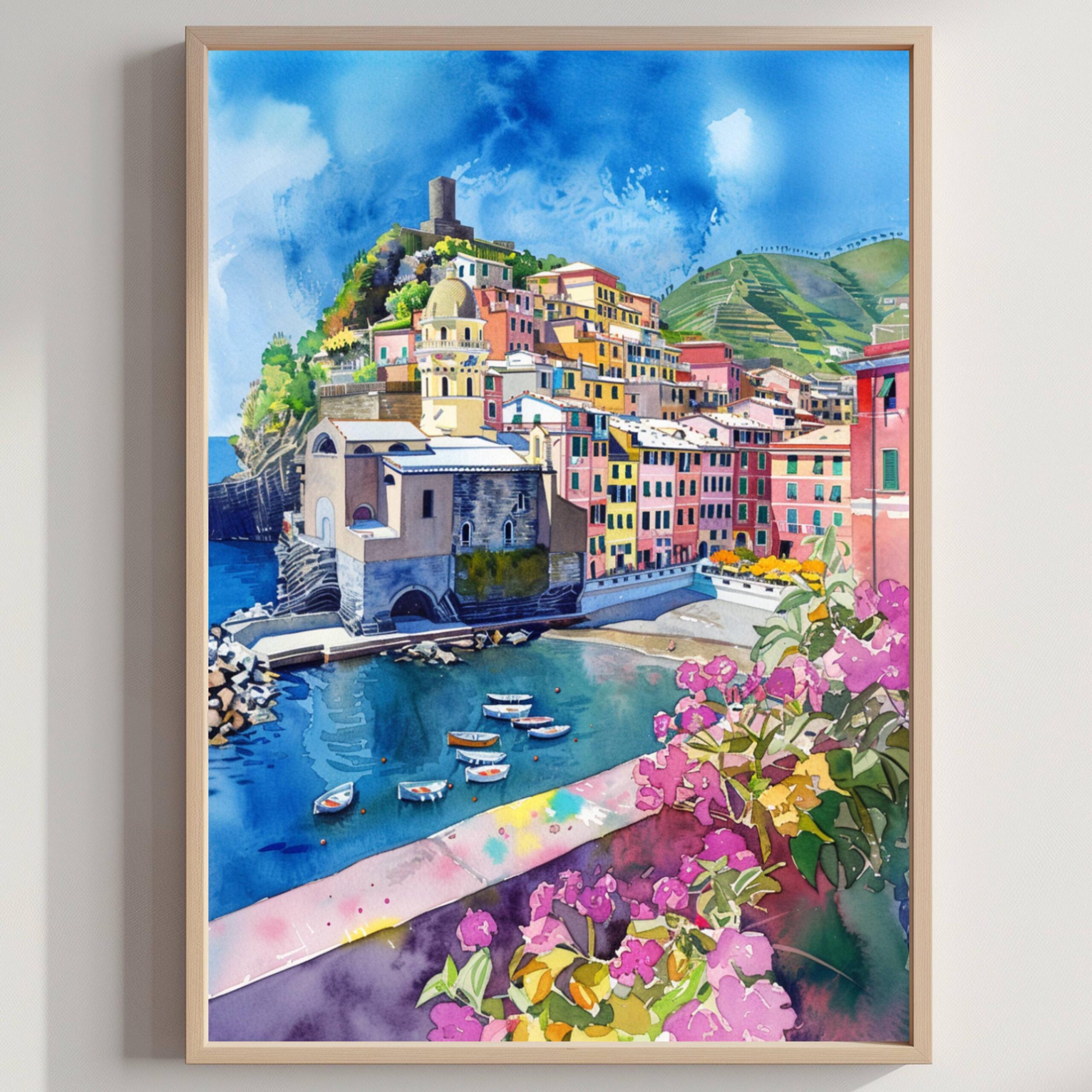 Vernazza Cinque Terre Italy Europe Watercolor Print: Travel Art Poster